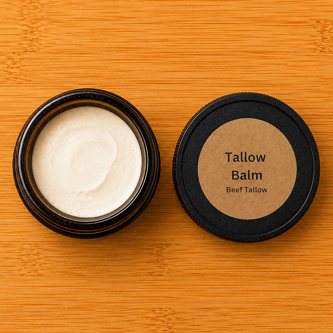 Tallow Balm jar, open, showing the whipped balm inside
